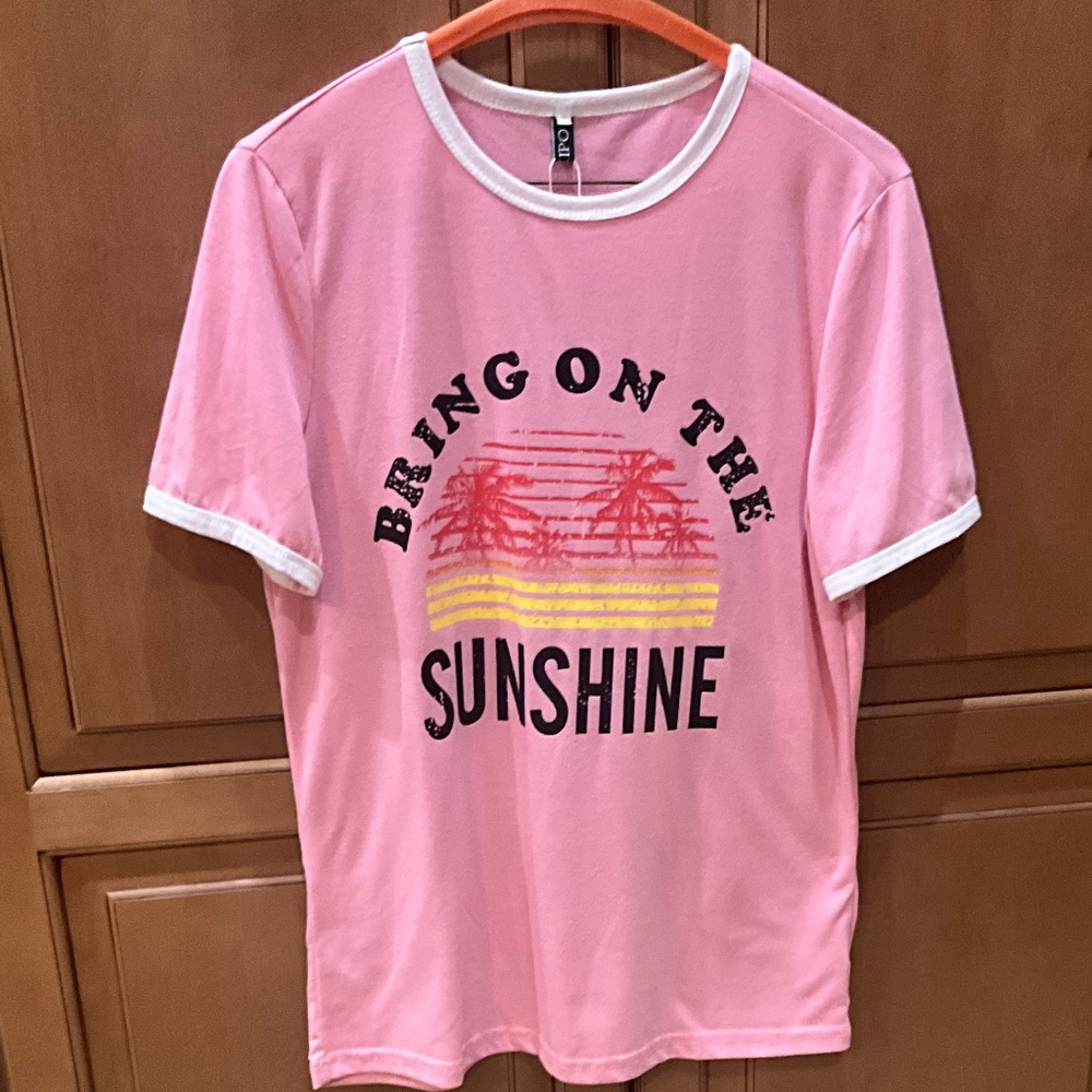 YEXIPO (3/$24) Pink “Bring On The Sunshine” White Trim T-shirt Top Sz S NWOT - Picture 2 of 8